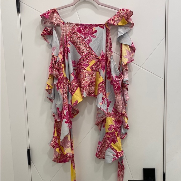 💥 Floral Peplum Wrap Top with Pink and Yellow Accents Women’s Large - Picture 2 of 14